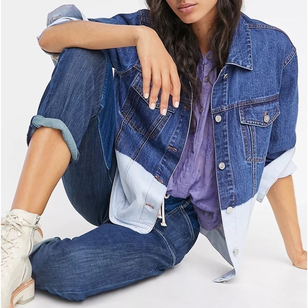 ANTHROPOLOGIE Evanna Dip-Dyed Trucker Blue Denim Button Jacket - Picture 1 of 11